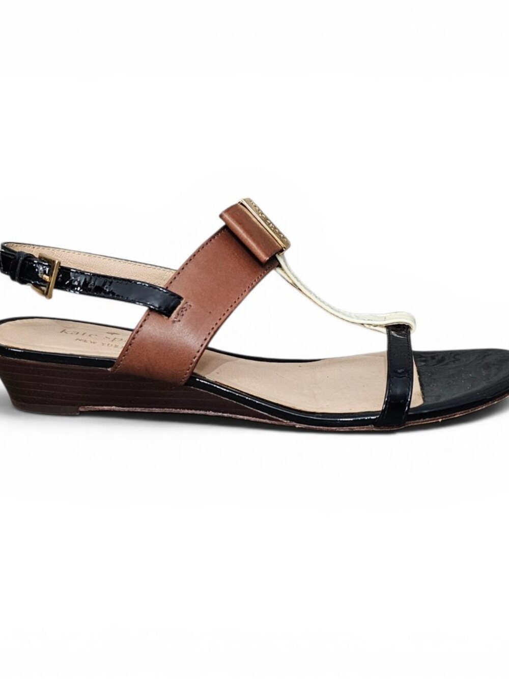 Kate Spade Clorinda Tricolor Leather Bow Wedge Sandal COA T-Strap Sling Size 7.5